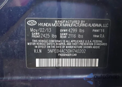 2013 Hyundai Sonata Gls z USA, uszkodzony, nr VIN 5NPEB4AC5DH740202